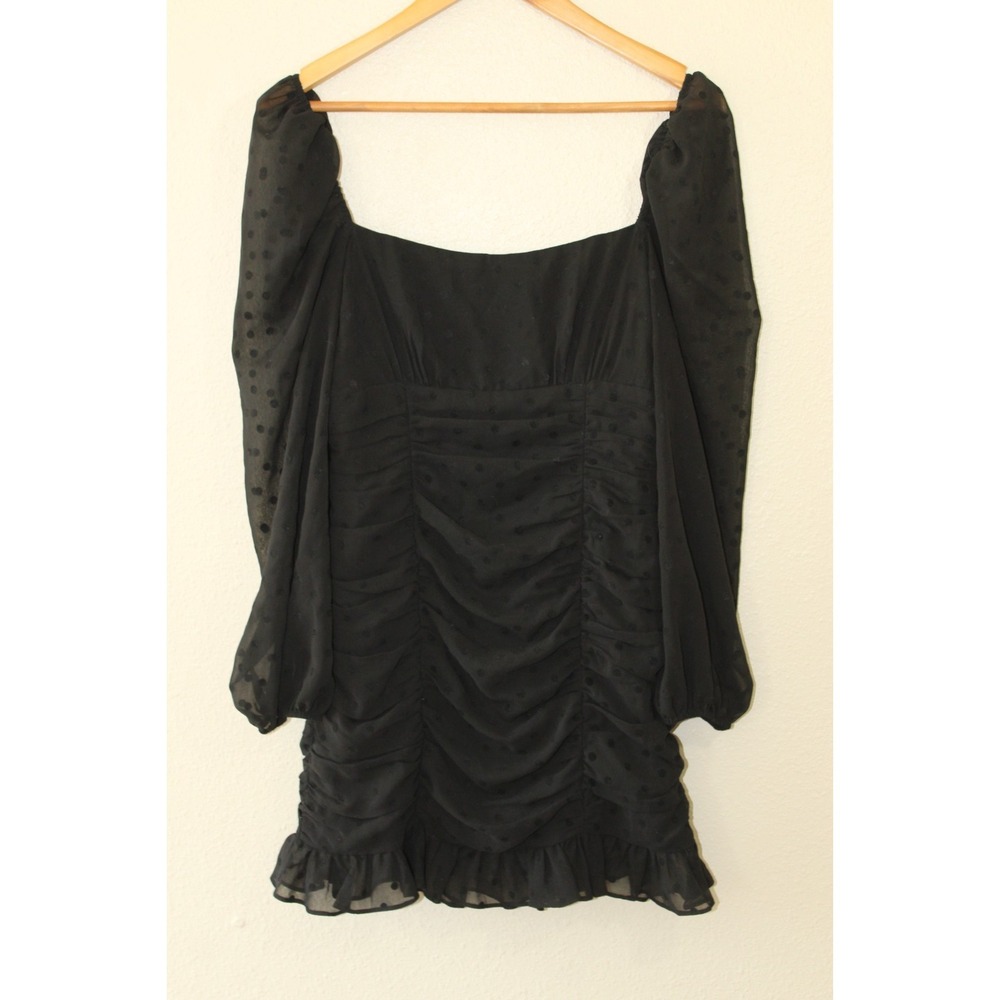 Privacy Please Womens Black Ruched Long Sleeve Polka Dot Mini Dress M